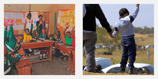 Two inset images showing a classroom of students and a parent holding a child's hand.
