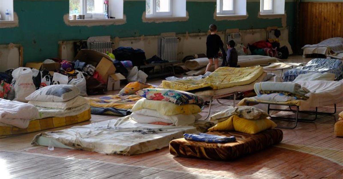 A school hall set up to receive displaced people in Ukraine.